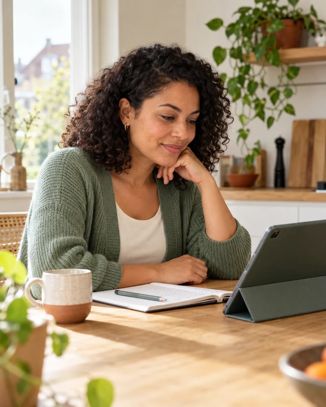 Sfeerbeeld van een vrouw die thuis met een tablet leert